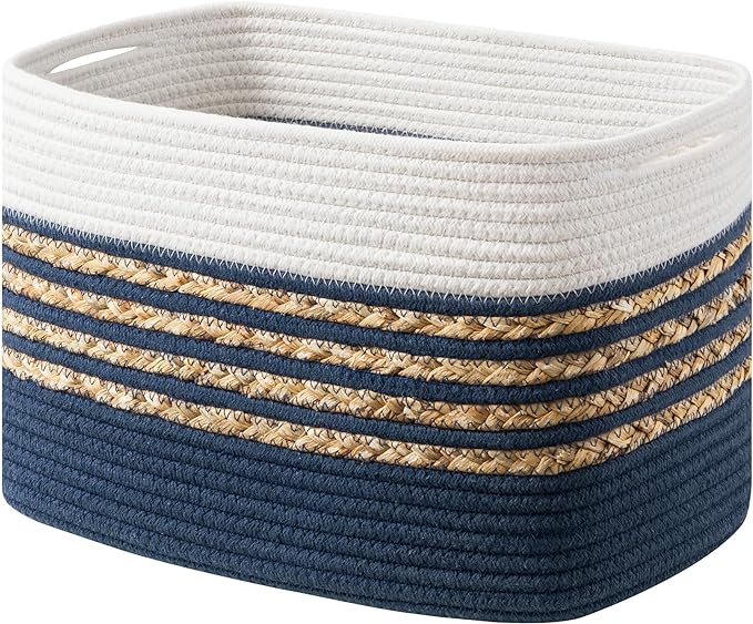 UBBCARE 1 Pack Baskets for Organizing, Woven Storage Baskets for Toys and Towel, Rectangle Cotton Rope Basket with Handles, 14''L x 8''W x9''H, Navy Blue by UBBCARE