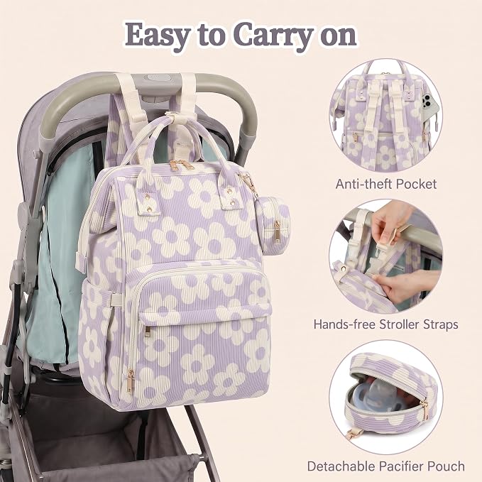 Baby Diaper Bag Backpacks for Mom Dad, Corduroy Large Capacity Multifunction Nappy Bag with Pacifier Case, Baby Travel Essentials Diaper Backpack for Boys Girls - Large Flowers Purple - Image 7