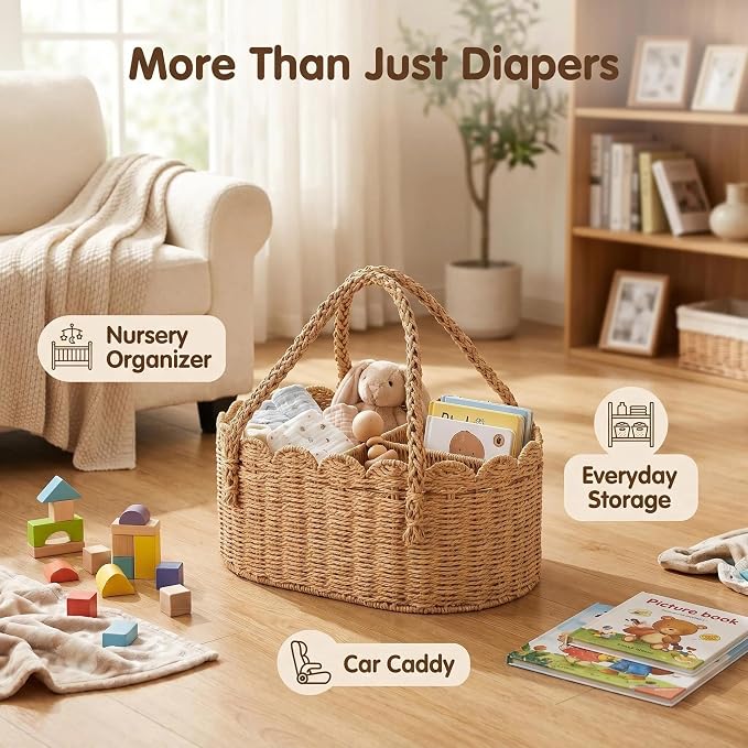 Woven Diaper Caddy for Baby, Paper Rope Storage Bin with Removable Divider, Baby Stuff Organizer for Nursery, Portable Car Storage Basket for Diapers, Baby Shower Gifts, Newborn Essentials Must Haves - Image 6