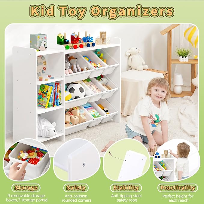 MallBest Kids Toy Storage Organizer with Bins, Solid Pine Wood Frame Toy Storage Cabinet and Kids Bookshelf, 3-Tier Playroom Organizer for Kids Room, Nursery and Bedroom, White - Image 5