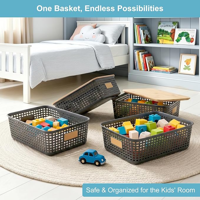 4 Pack Plastic Storage Bins with Bamboo Lids, 6.2qt Stackable Storage Organizer Box with Lable for Pantry Shelves Drawers Desktop Office, 12"L x 8.3"W x 3.5"H, Gray - Image 4
