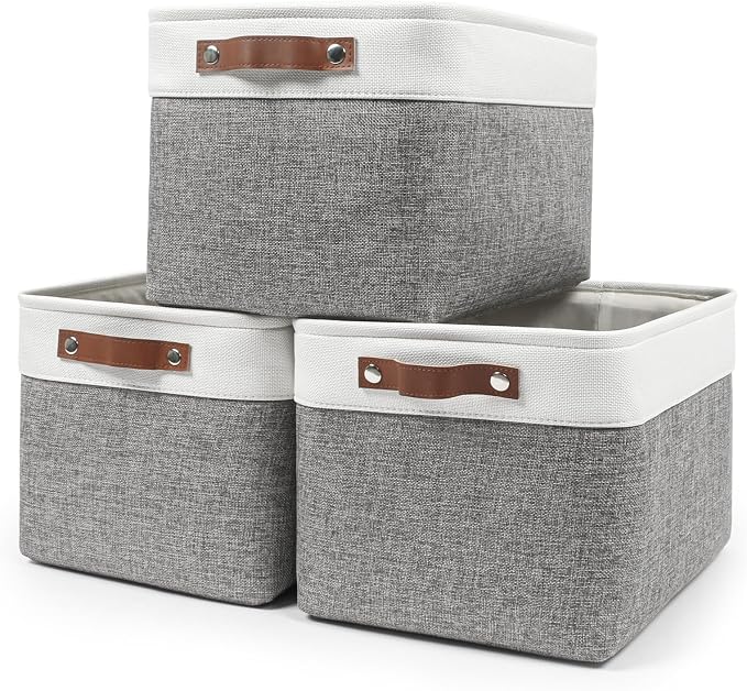 Storage Bins Large Fabric Storage Baskets for Shelves 3 Pack, Decorative Linen Closet Baskets with Handles for Organizing, Shelf, Clothes, Home, Office, 15x11x9.5Inches (Grey&White) by Bagnizer