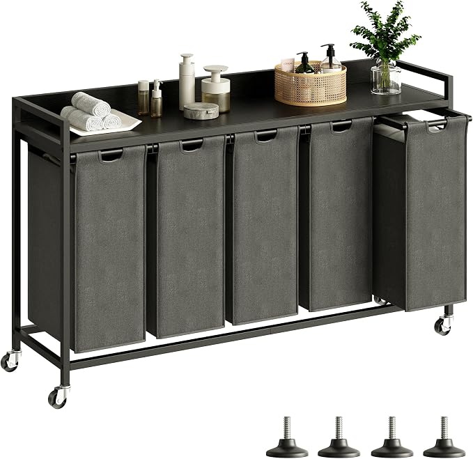 Herture Laundry Hamper with Shelf, Laundry Basket 5 Section, Laundry Sorter with Pull-Out Removable Large Bags and Movable Wheels, Metal Frame, 5 x 15.87 Gallons (60L), Black PF08XLB by Herture