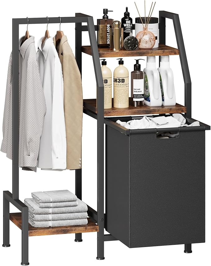 Laundry Hamper with Hanging Rack and 3 Shelves, Large Laundry Storage Basket, 3-in-1 Vertical Laundry Sorter, Laundry Room Organizer Storage for Small Spaces by Homeiju