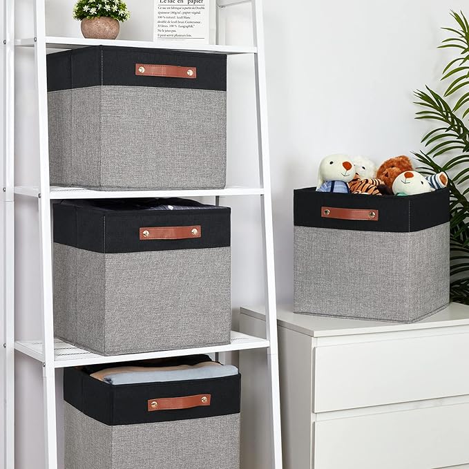 Temary 13 x 13 Storage Cubes Foldable Storage Cubes 4 Pack Canvas Storage Bin for Home, Square Storage Baskets with Leather Handles (Black&Grey) - Image 6