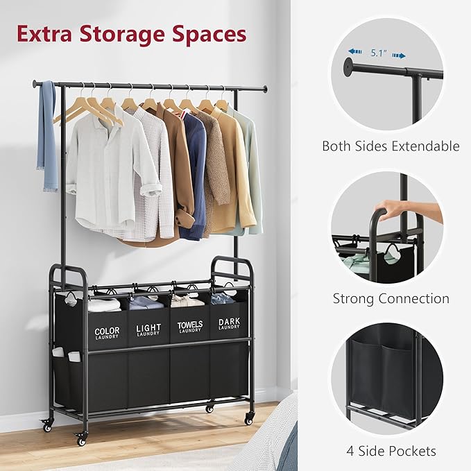 Laundry Sorter with Hanging Bar, 4 Section Laundry Hamper, Black | 52 Gal Laundry Cart with Hanging Rack and Removable Bags, Rolling Laundry Hamper Cart for Laundry Room, Bathroom, Bedroom - Image 5