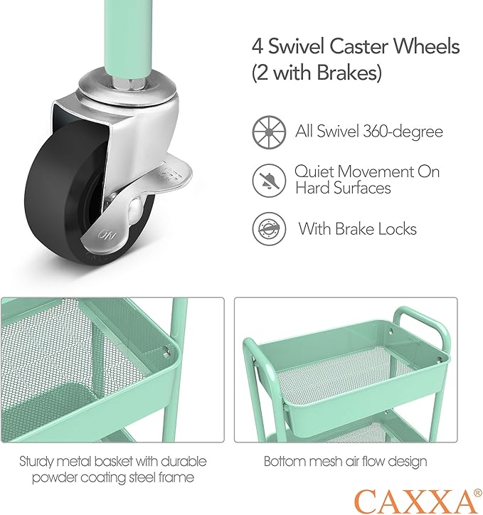 CAXXA 3-Tier Rolling Metal Storage Organizer - Mobile Utility Cart, Kitchen Cart with Caster Wheels (Aqua Green) - Image 3