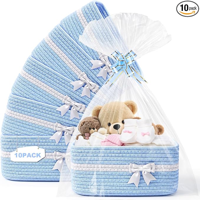 10 Pack Empty Gift Baskets, 12x8x5 Small Blue Woven Cotton Rope Baskets with Gift Bags & Ribbons, Decorative Baby Shower Hamper, Nursery Storage Basket with Handles for Shelves by Mkway