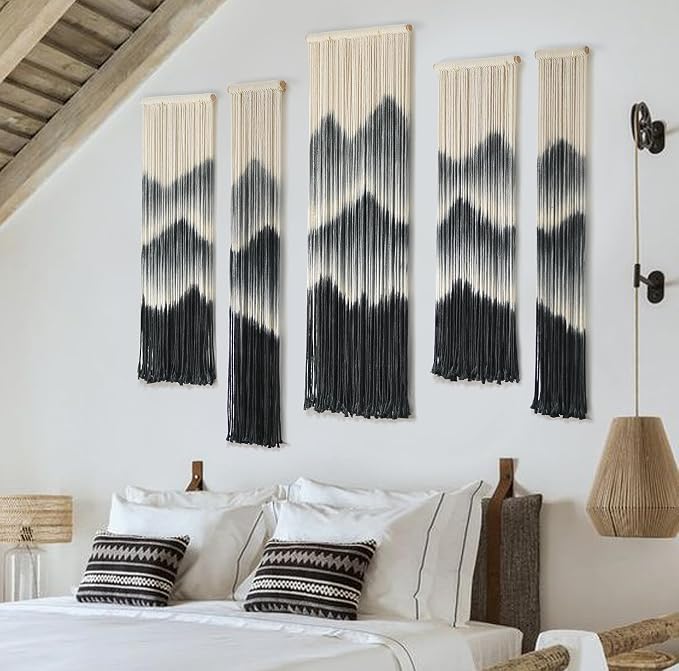 5Pcs Macrame Wall Hanging Dip Dyed Mountain Wall Decor Handmade Yarn Art | Cotton Rope Craft, Handmade Macrame Art, 5 Piece Wall Hanging Set, Ready To Hang, Wedding Decoration, Bedroom Wall Art - Image 2