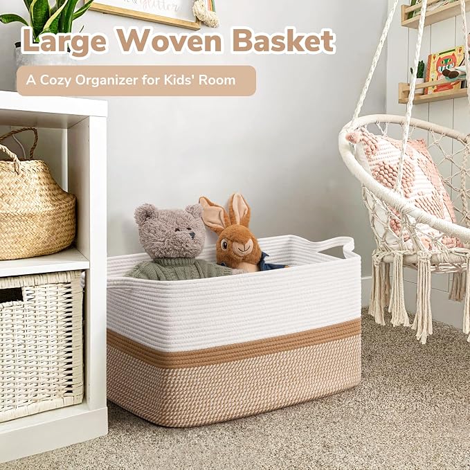 Goodpick Large Woven Rope Blanket Basket, Rectangle, White & Camel Mix | 21.6'' x 14.9'' x 11.8'' Storage Basket for Blankets & Toys, Living Room, Bedroom & Nursery Organization, Home Decor - Image 2