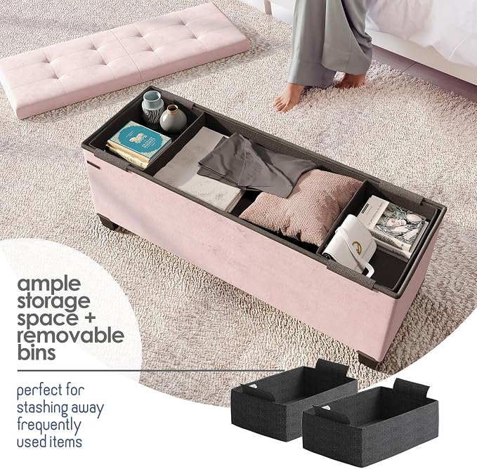 Storage Ottoman Bench with Bins, 43-in Storage Bench for Bedroom End of Bed, Folding Foot Rest Ottoman for Living Room Max 660lbs, Velvet Ottomans, Pink - Image 4