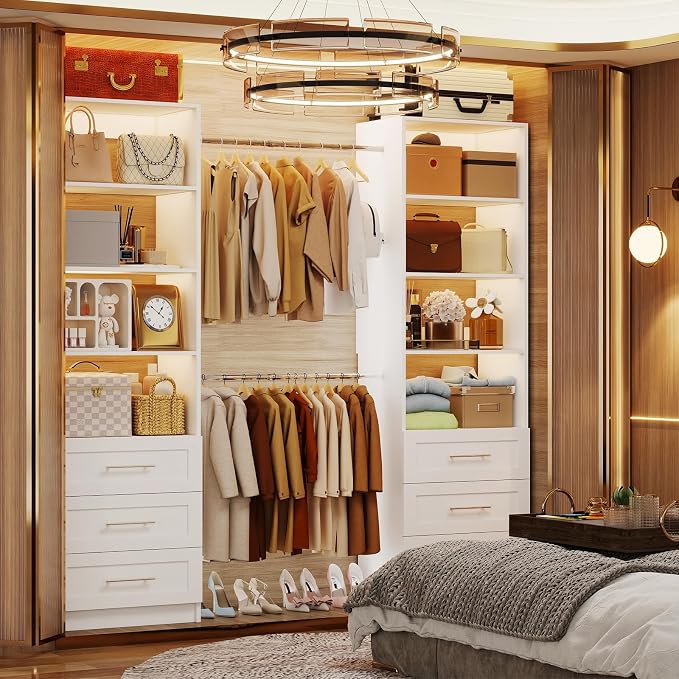 Fastgo Closet System with Drawers, 5-9FT Closet Organizer System with 4 Expandable Rods & Adjustable Shelves for Walk in Closet, 96” Built in Closet System Tower, Small Closet Storage System, White - Image 9