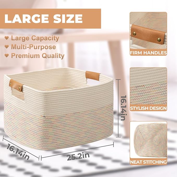 108L Large Basket for Living Room, Boho Decorative Basket Organizing with Handles, Cotton Rope Storage for Toys, Pillows, Clothes, 25’’*16’’*16’’ Rainbow - Image 2