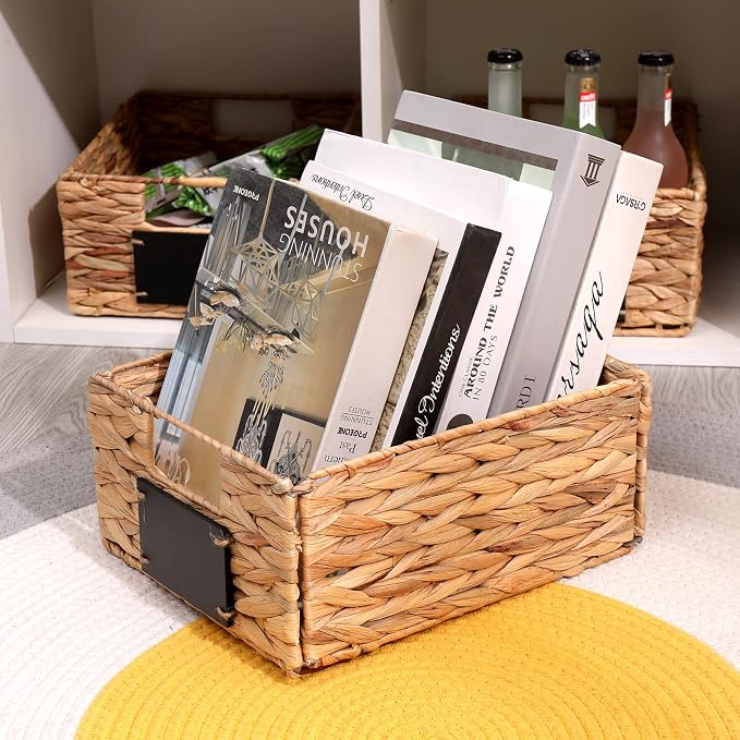 Woven Storage Baskets with Chalk Labels, 10.8x9x4.9 Inch, 4 Pack | Foldable Rectangular Water Hyacinth Organizers with Built-in Handles for Shelves, Pantry, Closet - Image 8
