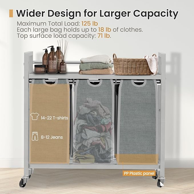 SwaaVee Laundry Sorter, Laundry Hamper 3 Section, 3×11.4Gal, Metal Frame Rolling Laundry Basket with Wooden Top Shelf, Pull out and Removable Laundry Bags, 3 Bags-Gray - Image 3