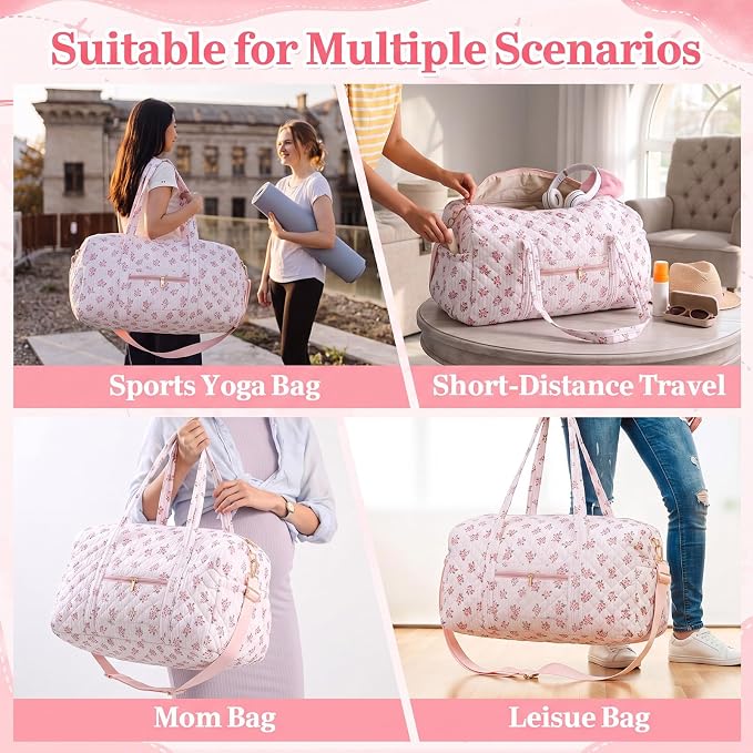 Dansydaisy Quilted Weekender Bag for Women with Makeup Pouch, Pink Floral | Large Duffle Bag, Trolley Compartment & Zipper Pocket, Adjustable Carry Strap, for Mommy Dancers Travel Gym Hospital - Image 5