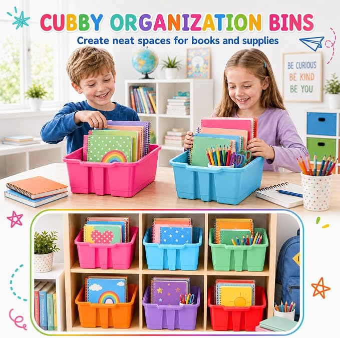 6 Pack Plastic Book Bins Stackable Classroom Cubby Organizer, Rainbow | Scoop Front Storage Bins, Cubby Bins with Handles for School Library Office Home Nursery Playroom Organization - Image 4