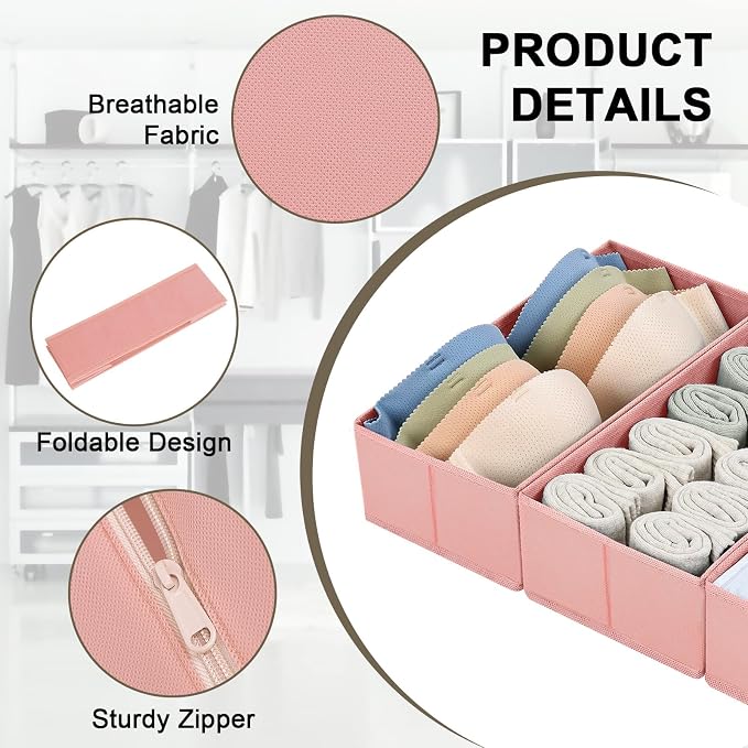 DIMJ Drawer Organiser System Drawer Organiser - Pack of 12 Storage Box Fabric Foldable Underwear Wardrobe Organiser for Clothes, Socks, Ties, Pink - Image 5