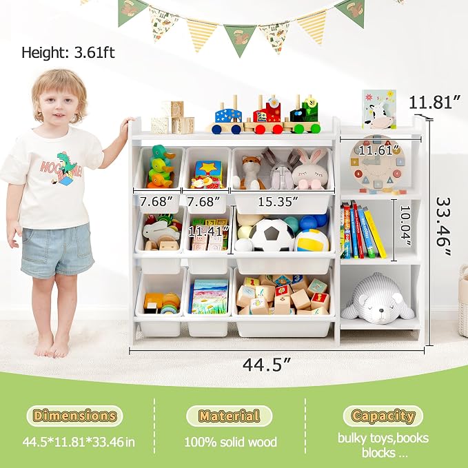 MallBest Kids Toy Storage Organizer with Bins, Solid Pine Wood Frame Toy Storage Cabinet and Kids Bookshelf, 3-Tier Playroom Organizer for Kids Room, Nursery and Bedroom, White - Image 2