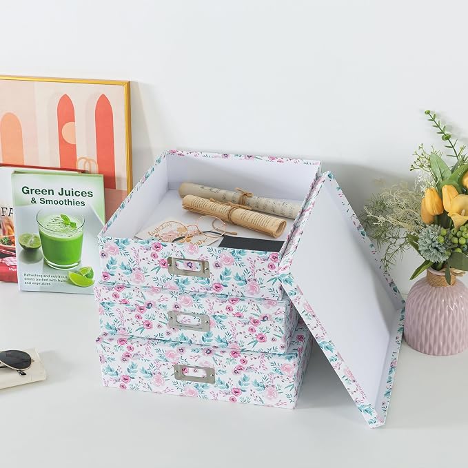 Soul & Lane - Pretty Floral Decorative Storage Boxes with Lids, Set of 3 | Nesting Cardboard Keepsake Box Set for Photos, Documents and Memories, Large Letter Organizers for Scrapbook Storage - Image 8