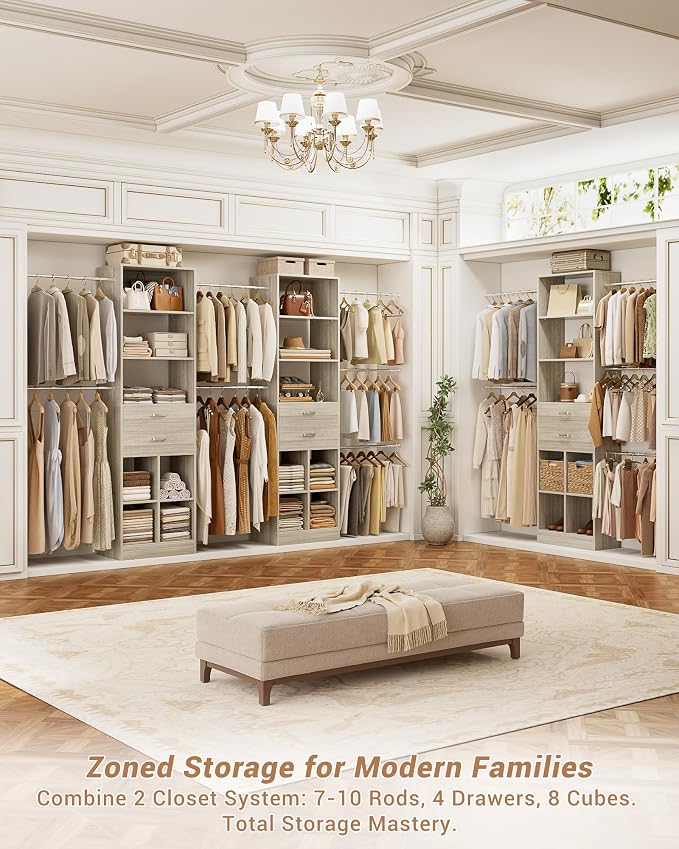 Besiost Small Closet System, 3.2-6.8FT Small Closet Organizer with 5 Hanging Rods, Can Fit 37.5 to 81.9 inch Walk-in Closet System, Built-in, Greige Oak, Enclosed Storage Volume 2.32 ft³ - Image 7