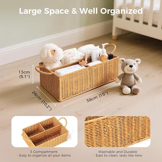 Rattan Diaper Caddy Organizer Changing Table Organizer | Hand Woven Nursery Basket for Baby Essentials, Baby Shower Gifts, Versatile Shelf Basket Bathroom/Kitchen Organizer - Image 4