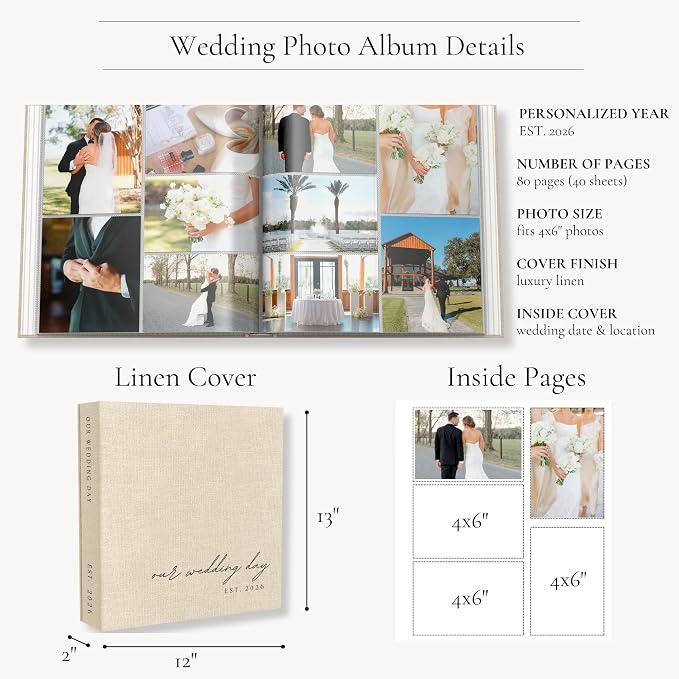 Wedding Photo Album 4x6 Pictures & Custom 2026 Year Linen Picture Scrapbook | 400 Pockets for Horizontal & Vertical Photos - Large Photo Album Book for Personalized Wedding Day Memory Keepsake - Image 3