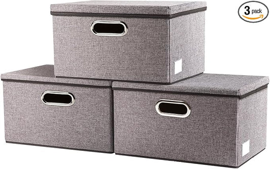 Storage Bins with Lids [3-Pack] Linen Fabric Foldable Storage Boxes Organizer Containers Baskets Cube with Cover for Home Bedroom Closet Office Nursery Grey（11.4X8.6X6.7 by Prandom