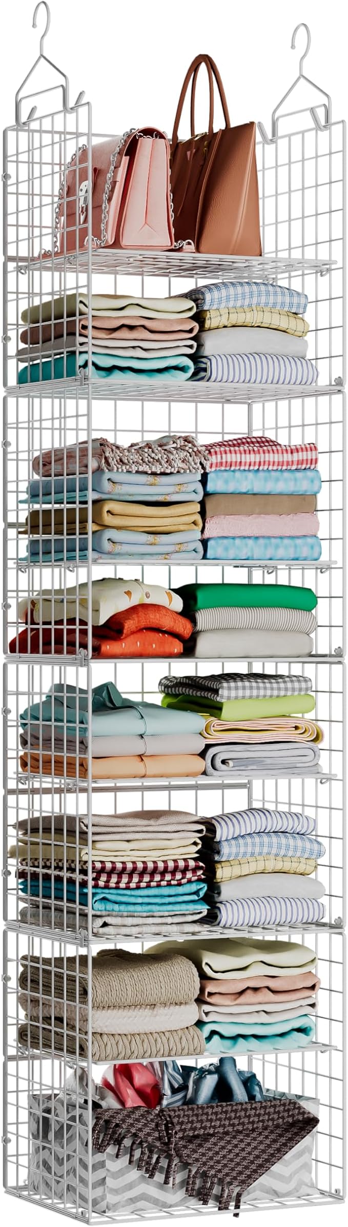 X-cosrack 8-Tier Closet Hanging Organizer Shelf - Hanging Clothes Organizer Shelves, Metal & Foldable Hanging Closet Organizer Baskets with Adjustable Dividers for Clothing Sweaters Shoes Handbags - Image 8