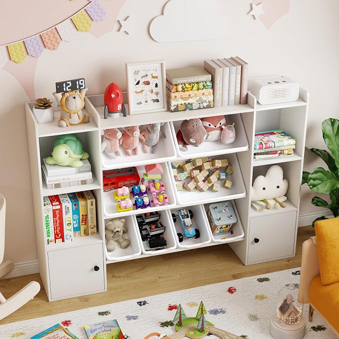 Costzon Kids Toy Storage Organizer w/ 8 Bins, Wooden Toddler Bookcase w/Open Shelves & Cabinet, Multifunctional Toy Storage Cabinet for Kids Room, Nursery & Playroom - Image 9