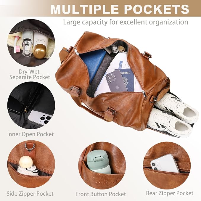 Large 3-in-1 Leather Duffle Bag for Travel Weekender Overnight Hospital Gym Bag for Men & Women, Carry On Airline Approved Personal Item Duffel Garment Bag Luggage with Shoe Compartment & Toiletry Bag - Image 7