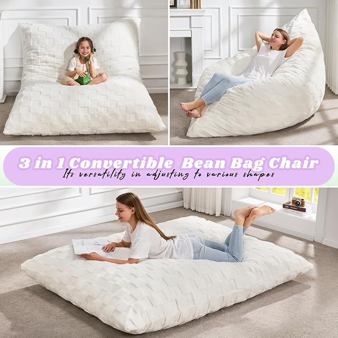 Hobestluk Adult Bean Bag Chair 3 in 1 Convertible Large Bean Bag Sofa | Plaid White,Machine Washable,Removable Cover,Easy Convert And Install, Oversied Floor Bed,For Livingroom Bedroom - Image 4
