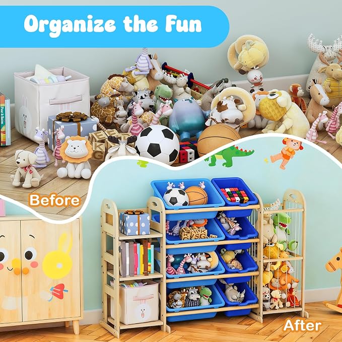 Toy Storage Organizer, Toy Organizers and Storage with Stuffed Animal Storage, Kids Toy Storage Shelf with 3 Shelves 8 Storage Bins, Kids Bookshelf, Toy Holder for Playrooms, Bedrooms, Blue - Image 5