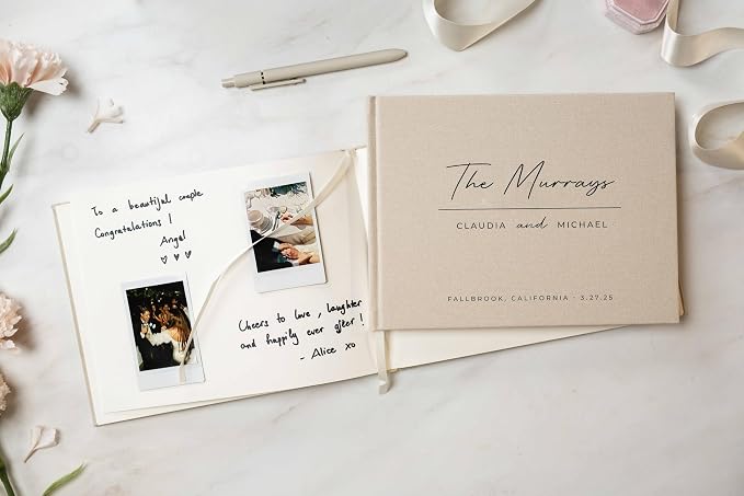 Personalized Linen Guest Book (Design 5) - 9 x 7.5 Hardcover Custom Wedding Guestbook Bride Groom Name Date Location Venue, Reception Ceremony Engagement Party Keepsake Signing Book w/ 120 Blank Pages - Image 6