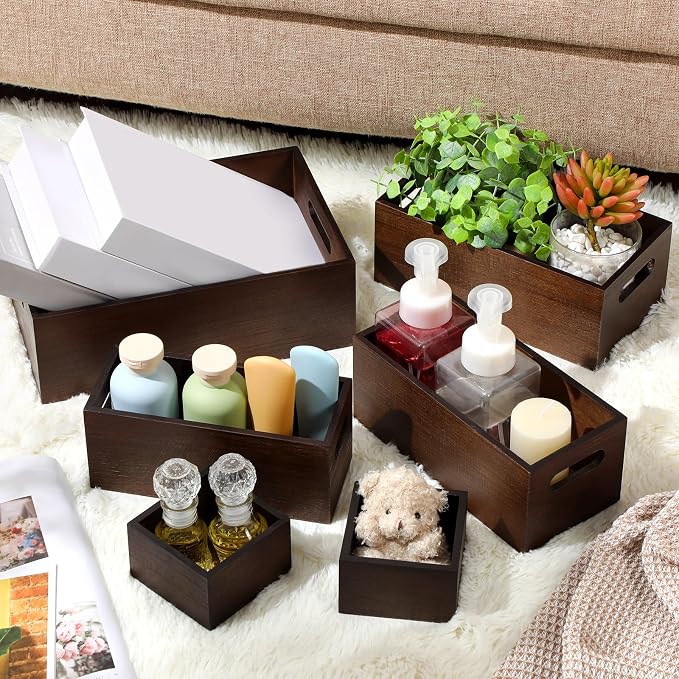 Set of 6 Wood Storage Boxes with Handles Wooden Nesting Crates Rustic Farmhouse Storage Container for DIY Crafts Party Home Table Decoration Display(Brown) - Image 2