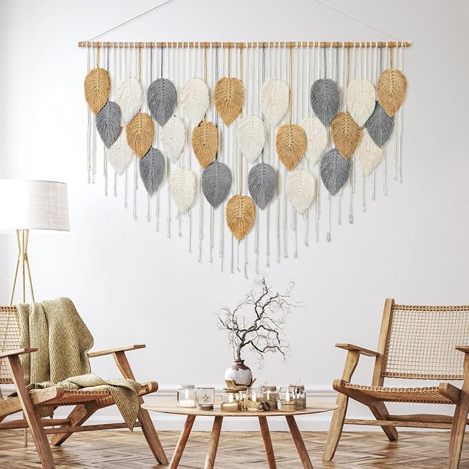Large Macrame Wall Hanging Boho Woven Tapestry Chic Modern Home Decorations | KHOYIME Bohemian Farmhouse Handmade Leaf Feather Wall Art Decor for Living Room Bedroom Nursery Dorm Backdrop 51.5"W X 33.5"L - Image 3
