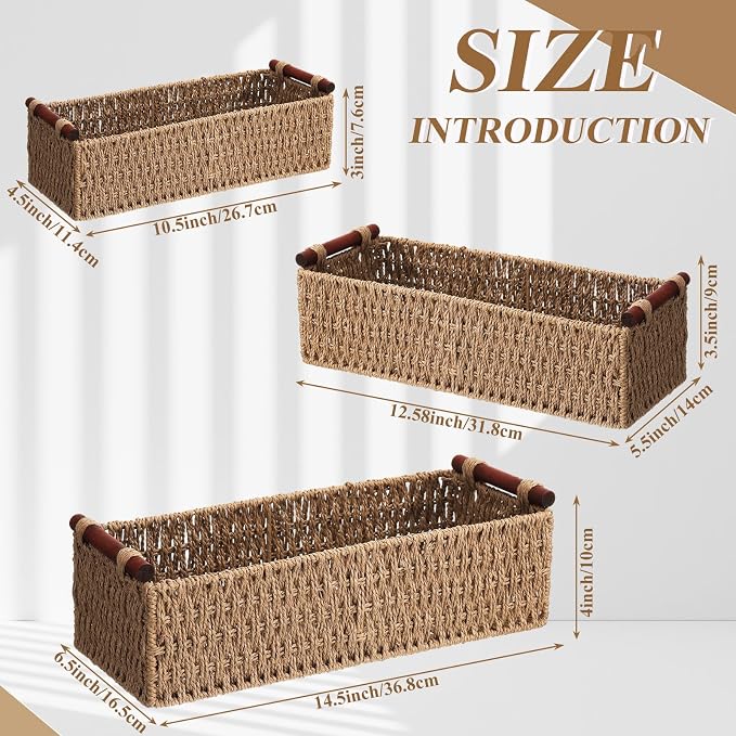 Boao 3 Pcs Boho Storage Wicker Baskets Handmade Woven Decorative Paper Rope Baskets for Organizing with Handle Countertop Toilet Paper Storage Container for Toilet Tank Top(Natural Color,Rectangle) - Image 2