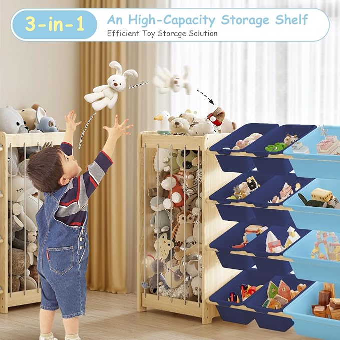 EXPERLAM Large Toy Storage Organizer, Wooden Stuffed Animal Storage & 12-Bins Toy Organizer, Double-Sided Plush Toy Holder Featuring Thicker Ropes, Space Save Bedroom Nursery Playroom Storage, Blue - Image 7