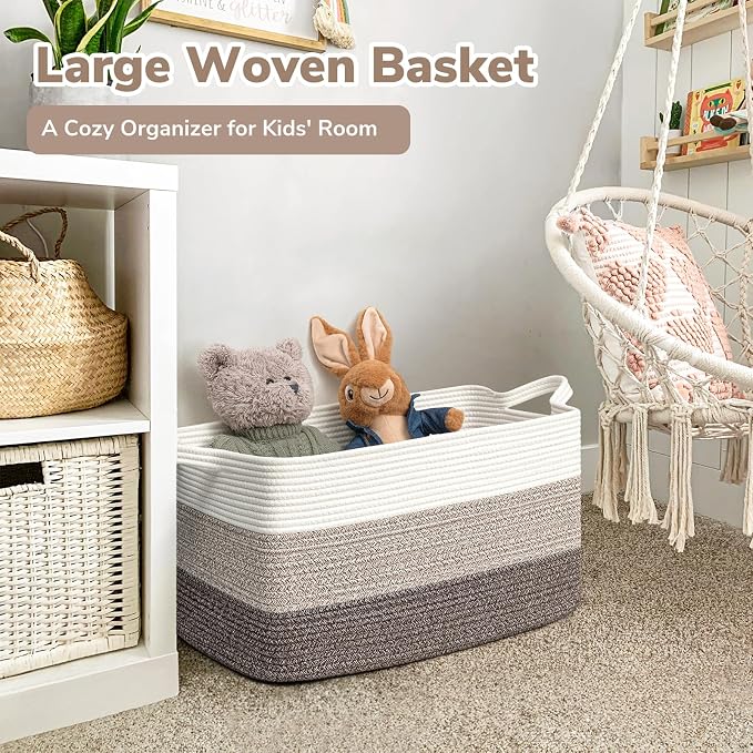 Goodpick Large Woven Rope Blanket Basket, Rectangle, White Brown | 21.6'' x 14.9'' x 11.8'' Storage Basket for Blankets & Toys, Living Room, Bedroom & Nursery Organization, Reinforced Handles - Image 2