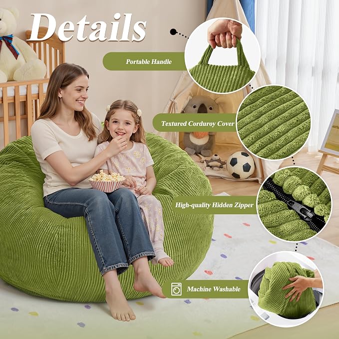 3FT Bean Bag Chair for Adults,3' Big Teardrop Beanbag with Filler | Beanbag Chair with Memory Foam Filled,Bean Bags with Handy Handle&Machine Washable Cover for Living Room,Bedroom-Green - Image 5