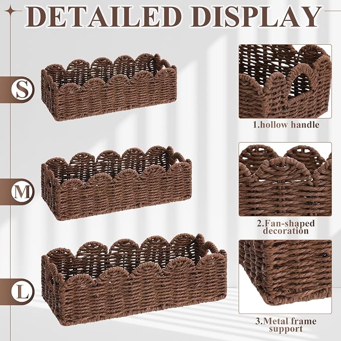 Boao 3 Pcs Boho Storage Wicker Baskets Handmade Woven Decorative Paper Rope Baskets for Organizing with Handle Countertop Toilet Paper Storage Container for Toilet Tank Top(Light Brown,Fan-shaped) - Image 3