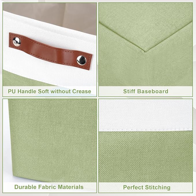 Large Fabric Storage Baskets | 50L Storage Bins, Decorative Linen Closet Baskets with Handles for Organizing, Shelf, Toys, Clothes, Home, Office, Nursery, 17x12x15Inches (Green&White) - Image 5
