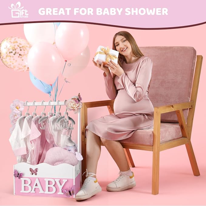 GiftAmaz Pink Wooden Baby Shower Crate Closet, Baby Storage Crate with Handle, Baby Shower Gifts Basket, Baby Welcome Box for Newborn Girls, Pregnancy Gifts for New Parents - Image 2