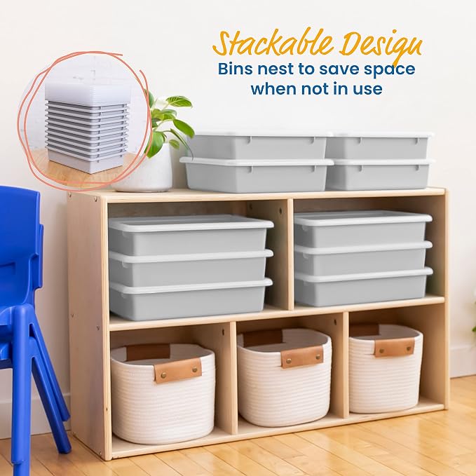 ECR4Kids Letter Size Plastic Tray Organizer with Lids, Small, Storage Bins, Light Grey, 10-Piece | Durable plastic, GREENGUARD Gold Certified, 2 gallon capacity, stackable/nestable, easy-lift lids, classroom & home use - Image 6