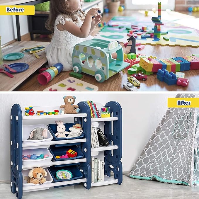 Costzon Toy Storage Organizer, 4-Tier Toy Shelf w/ 6 Removable Plastic Bins for Books Toys, Toddler Toy Bookcase Toy Rack for Playroom, Kids Room, Bedroom, Daycare, Nursery - Image 7
