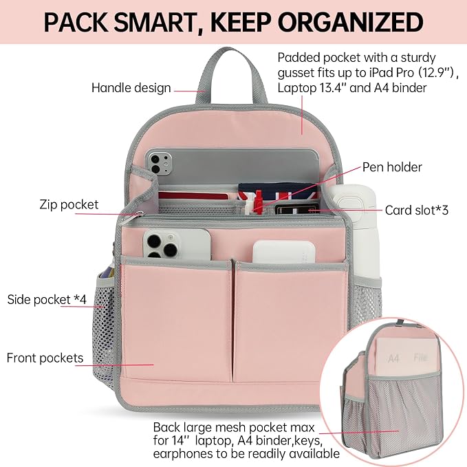 Large Premium Wider Rugged Backpack Organizer Insert for Men Women Work Travel -19 Pockets, Padded Nylon-Pink - Image 3
