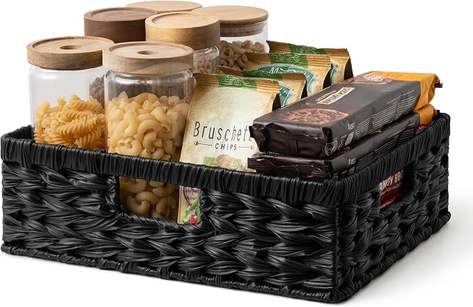 GRANNY SAYS Wicker Storage Baskets for Shelves, Black Wicker Basket,1-Pack | Waterproof Wicker Baskets for Organizing, Shallow Basket,Woven Baskets for Storage,Plastic Storage Baskets Moisture Resistant by GRANNYSAYS