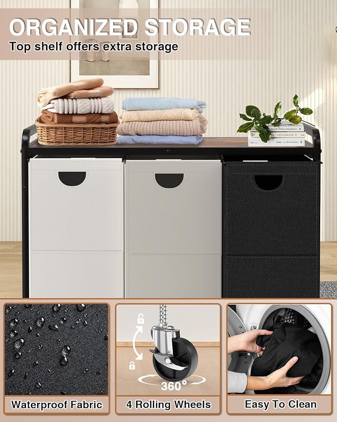 Laundry Sorter 3 Section,Laundry Basket with Wheels,3×15.8 Gal (60L) | Laundry Room Organization with Wooden Desktop Shelf,Pull-Out and Removable 900D Oxford Fabric Laundry Bags for Laundry Room - Image 3