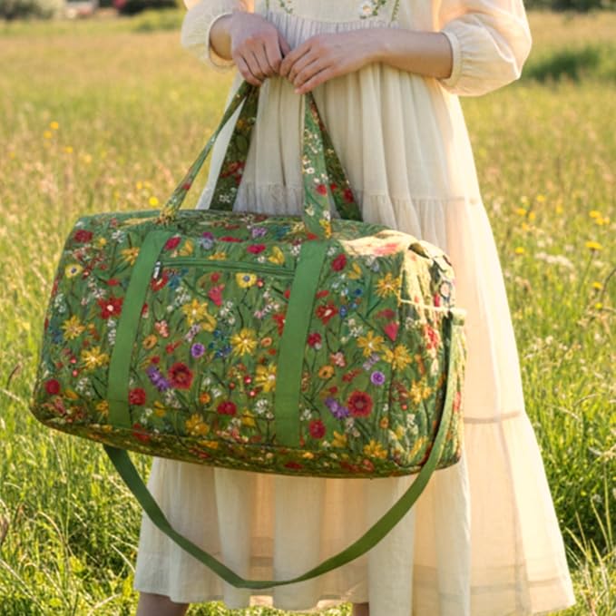Dansydaisy Large Quilted Travel Duffle Bag for Women Floral Portable Gym Weekender Bag with Zipper Pockets Workout Grocery Pouch Duffle Gift Pouch for Work(Yellow Green Grassland) - Image 2