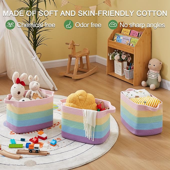 OIAHOMY Storage Basket, Woven Baskets for Storage, Cotton Rope Basket for toys,Towel Baskets for Bathroom - Pack of 3, Rainbow Pastel - Image 2
